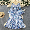 French chic one-shoulder flared sleeve tie-waist floral chiffon dress - women's autumn ruffle maxi dress