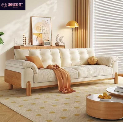 Wood style sofa cloud japanese style straight row small apartment classycasual sofa scandinavian living room solid wood fabric sofa