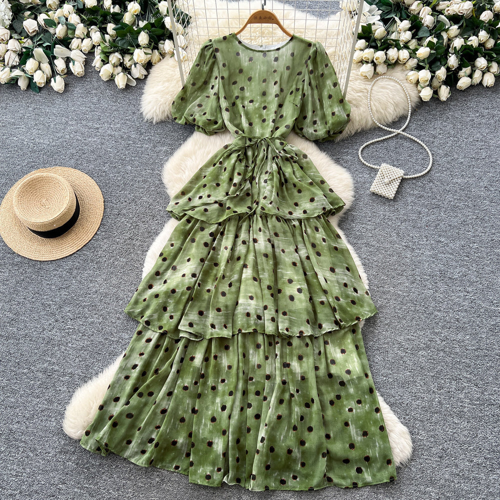 French sweet style purple polka dot a-line dress - women's summer korean style puff sleeve high waist tiered dress - slimming