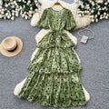 French sweet style purple polka dot a-line dress - women's summer korean style puff sleeve high waist tiered dress - slimming