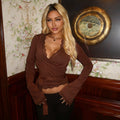 European and american cross-border  autumn new women's solid color sexy v-neck lace trim tie-up long sleeve slim fit t-shirt