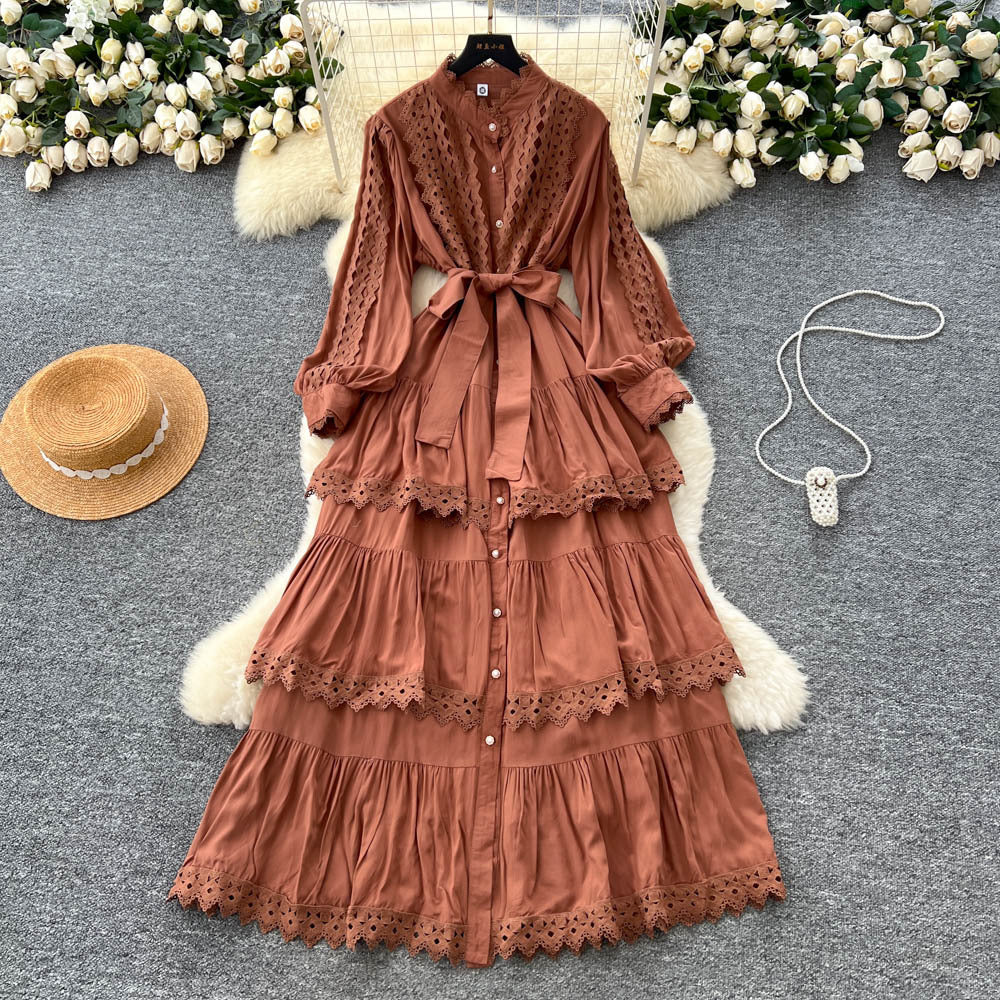 Frenchclassyretrolacepatchwork lantern sleeve dress women's autum strap waist slimming lookelegance long dress