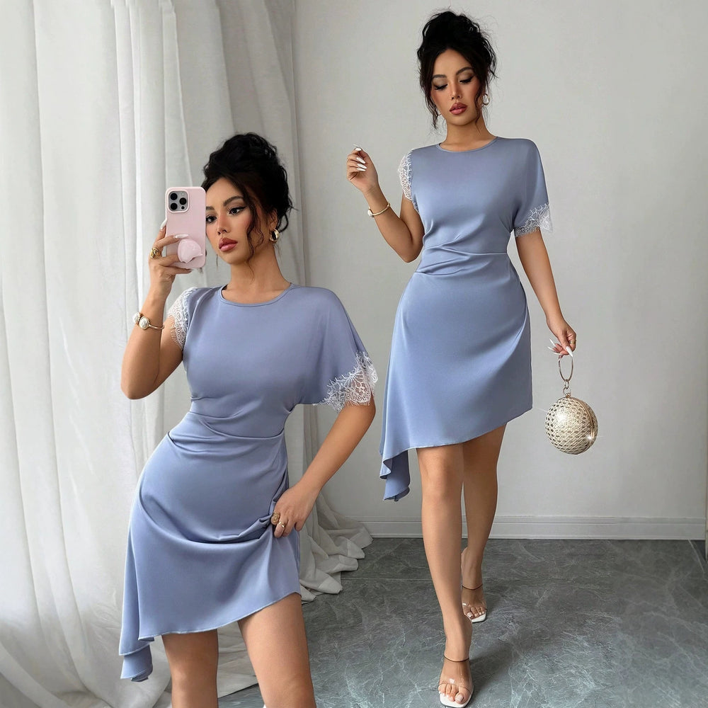 Amazon fashion cross-border lacepatchwork side twist waist asymmetrical hem elegantshortdress skirt