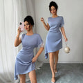 Amazon fashion cross-border lacepatchwork side twist waist asymmetrical hem elegantshortdress skirt