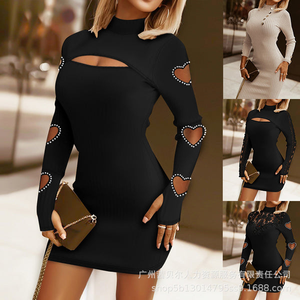 New   wish  European and American turtleneck metal button ribbed sweater dress