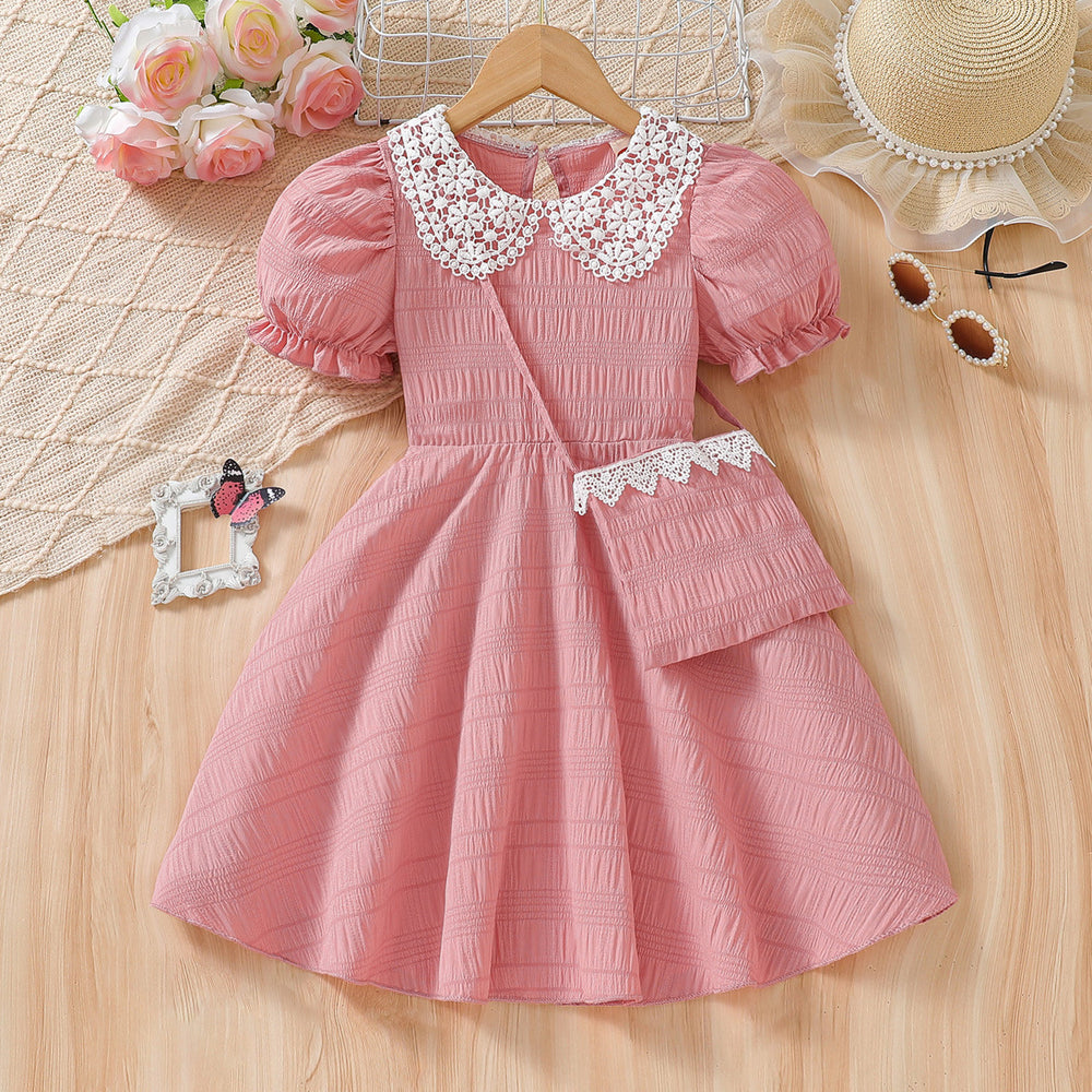 spring new arrivals: girls' european & american elegant style lace collar a-line dress with matching bag two-piece set