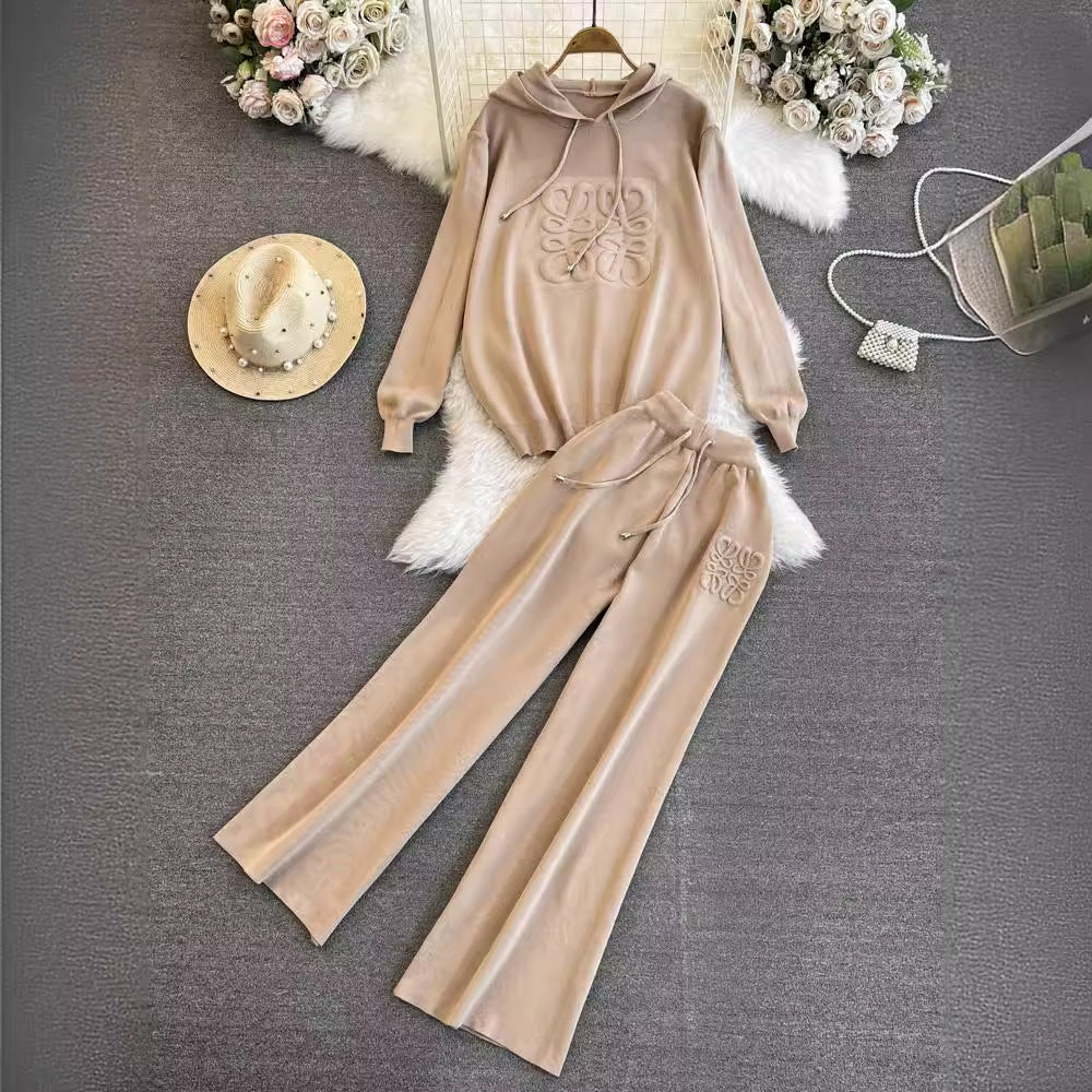 Fashionsuitfemalek-stylelooseknittinghoodedsweatshirttwo-piece setcasualhigh waistslimming lookstraight-legloose pants