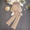 Fashionsuitfemalek-stylelooseknittinghoodedsweatshirttwo-piece setcasualhigh waistslimming lookstraight-legloose pants