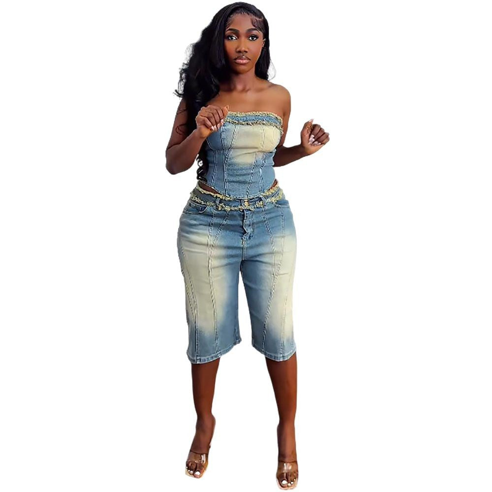 European and american style women's denim set -  cross-border fashion: raw hem bandeau top & high-waisted denim shorts
