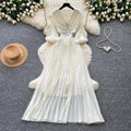 French chic red v-neck lantern sleeve dress - women's summer lightweight, breathable, slimming, elegant pleated maxi dress