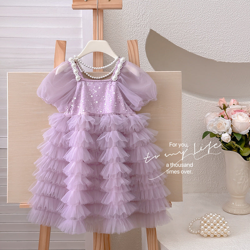 summer girls' purple sequin tulle pearl dress - princess party gown - clearance sale (limited sizes available)