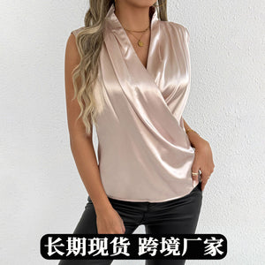Real shot export women's summer new arrival satin shirt women's classy satin artificial silk shirt hot girl tops