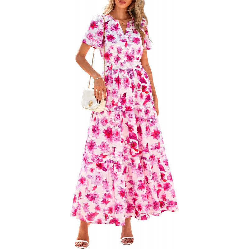 european and american retro floral short-sleeve v-neck dress - women's  summer new arrival a-line flowy vacation dress