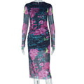 European and american style cross-border personalized fashion women's elegant printed bodycon mini dress with round neck and long sleeves