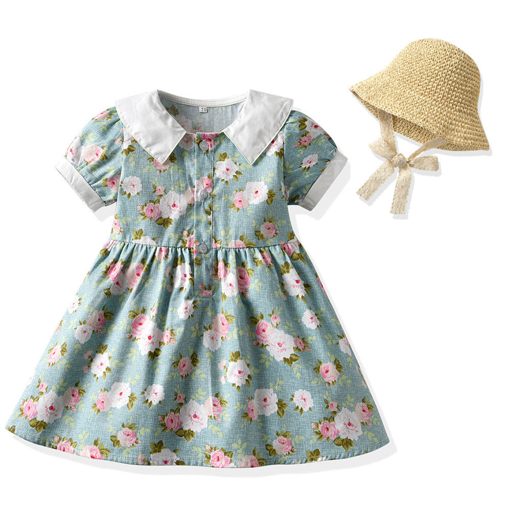 Girls' floral print cotton dress with straw hat - vintage-inspired, chic, and sweet