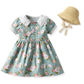 Girls' floral print cotton dress with straw hat - vintage-inspired, chic, and sweet