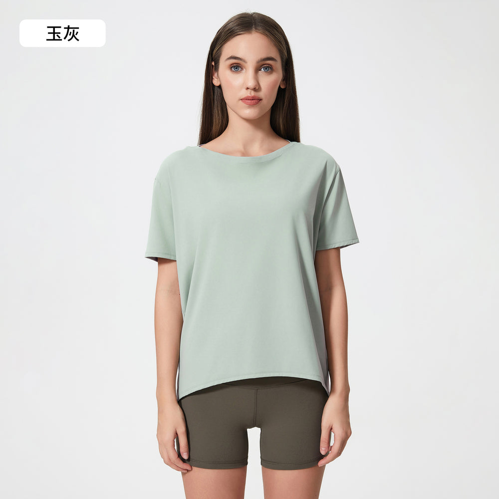Spring/summer new collection: brushed, barely-there feel yoga short sleeve top. stylish and versatile for everyday wear, breathable, minimalist, and relaxed fit. yoga top ds079
