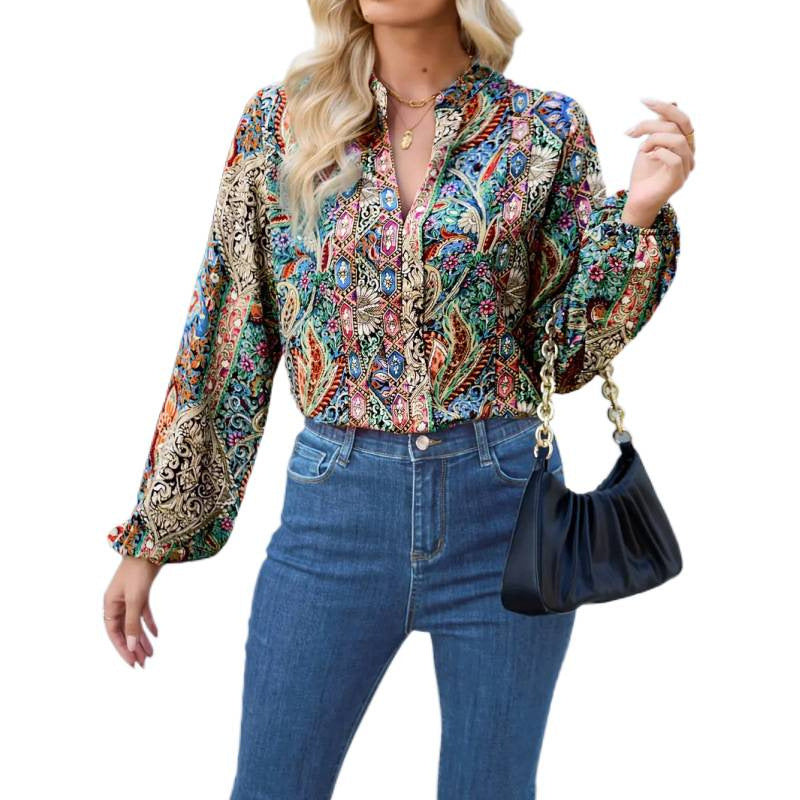 Shipped: hot-selling cross-border  women's printed v-neck lantern sleeve blouse, long-sleeved v-neck casual shirt