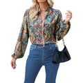 Shipped: hot-selling cross-border  women's printed v-neck lantern sleeve blouse, long-sleeved v-neck casual shirt