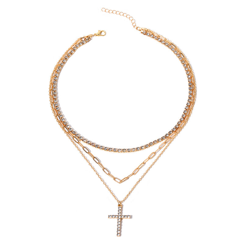 fashionnew arrival jewelry accessible luxury style diamond-encrusted necklace women's alloy cross stacked multi-layer necklace