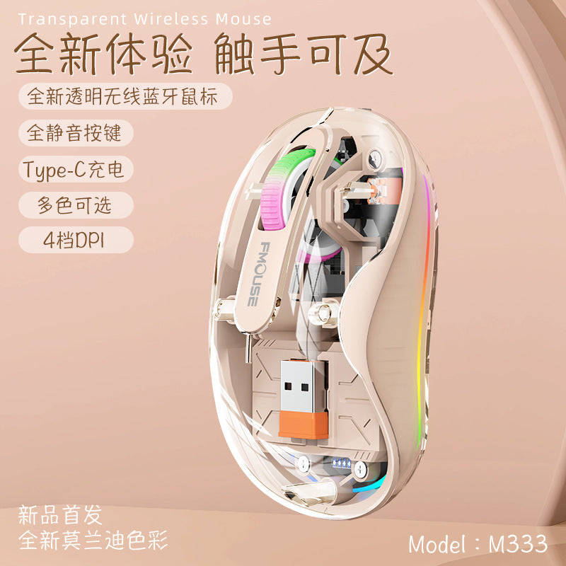 New m333 wireless bluetooth transparent mouse - rechargeable, with colorful breathing light, for tablets, laptops, and office use