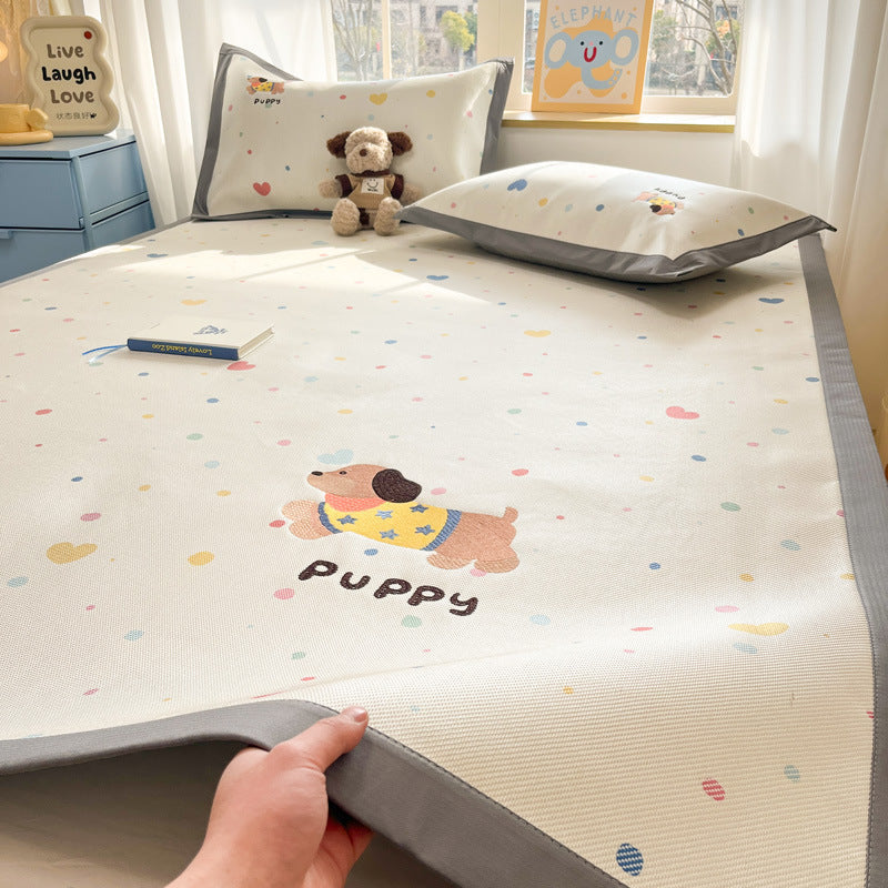 Summer ice rattan mat three-piece cartoon mattress foldable embroidered ice silk mat can sleep naked air conditioner soft mat