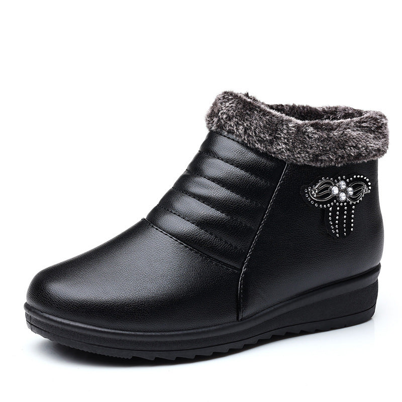 Winter ladieswear shoes middle-aged and elderly cotton shoes plus size heattechplaidfleece-linednon-slipflats soft bottom leather shoes wholesale