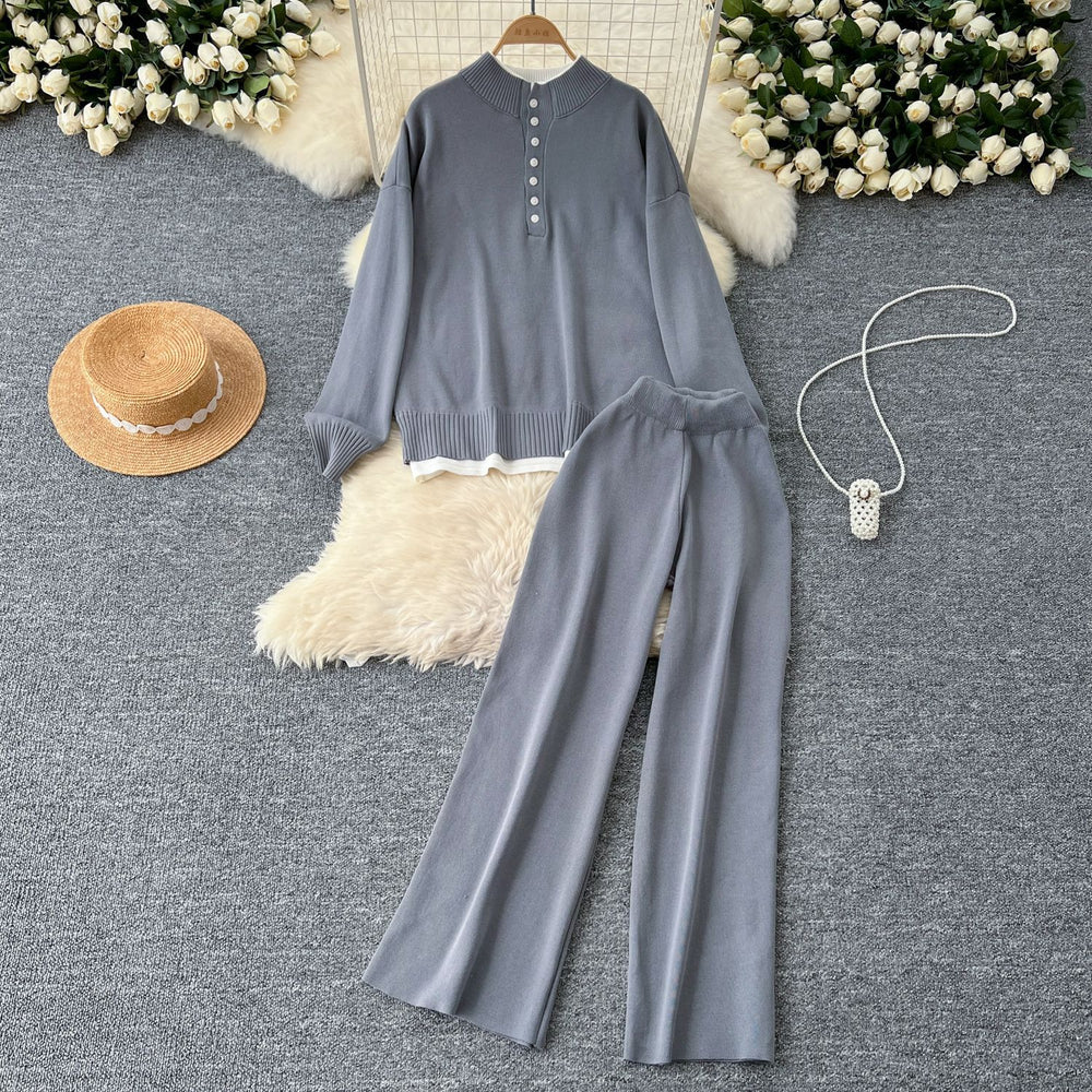 Gentle style two-piece set women's easiest for match stand collar single breasted cardigan pullover knitting shirt sweatercasualloose pants pants