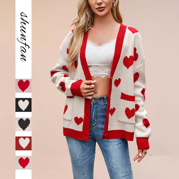 New European and American  women's clothing is hot on  Valentine's Day love peach cardigan pocket V-neck short coat