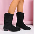 Fashion cross-border wholesale thick heel tassel boots women's fall and winter style retro short boots pleated pile boots medium cowboy boots