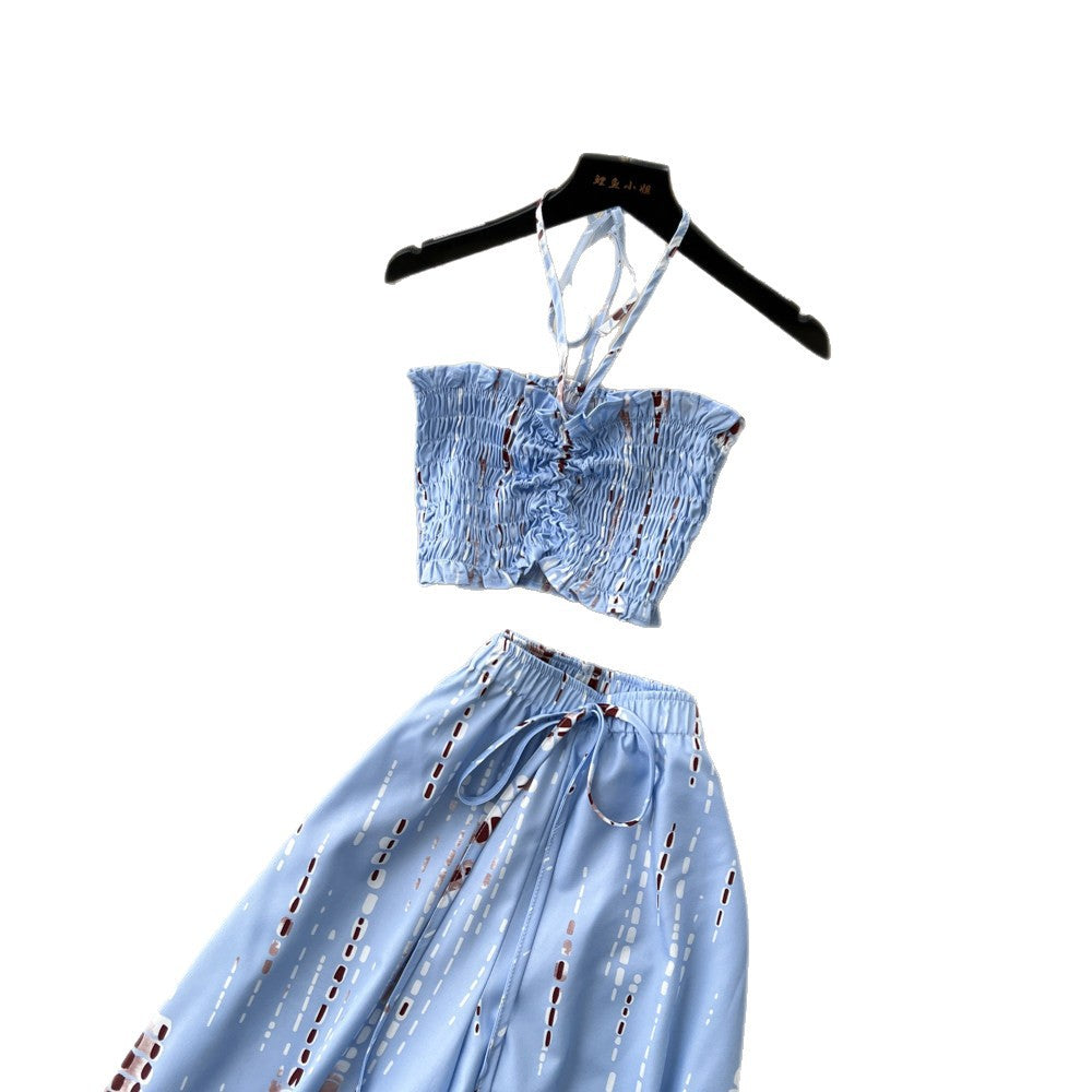 Korean style commute chic two-piece set: women's summer printed tank top and wide-leg pants outfit - high-waisted, slimming, and fashionable