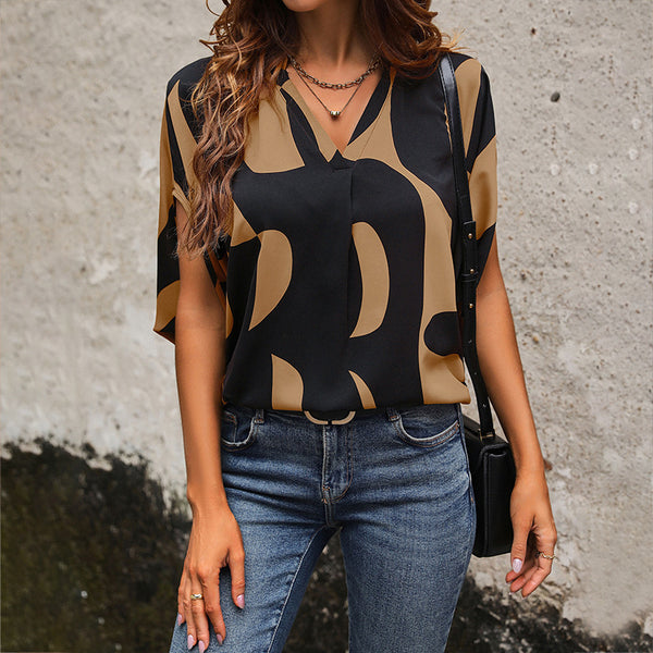 summer hit Europe and the United States hot  short-sleeved loose casual pullover v-neck abstract printed shirt women