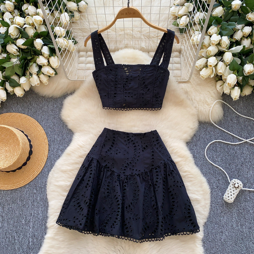 European and american hot girl hollow-out embroidered set: women's camisole bandeau crop top + high-waisted a-line midi skirt sexy two-piece outfit