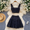 European and american hot girl hollow-out embroidered set: women's camisole bandeau crop top + high-waisted a-line midi skirt sexy two-piece outfit