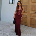 European and american women's clothing  winter new fashion deep v lace patchwork hollow-out waist-defining backless halter dress