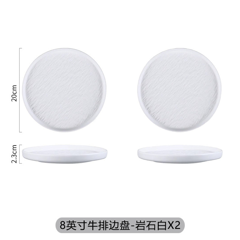 Japanese-style premium black and white ceramic dinnerware - high-end rock texture dinner plates for home use - round steak and chop dishes for restaurants