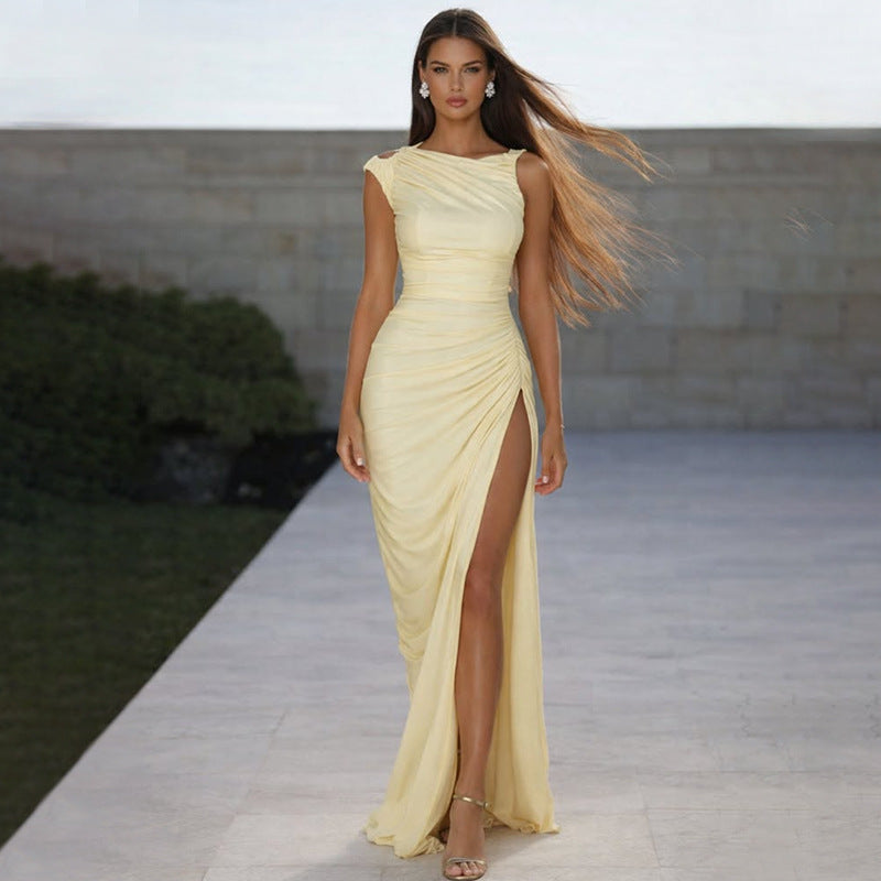 Fashion style cross-border pure color women's round neck elegant socialite street hip skirt waist slit long evening dress