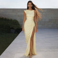 Fashion style cross-border pure color women's round neck elegant socialite street hip skirt waist slit long evening dress
