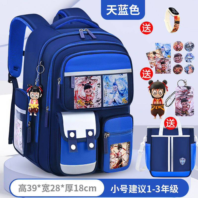 New nezha backpack for elementary school students, grades 1-6, lightweight, spine-protecting, load-reducing, large capacity for boys and girls