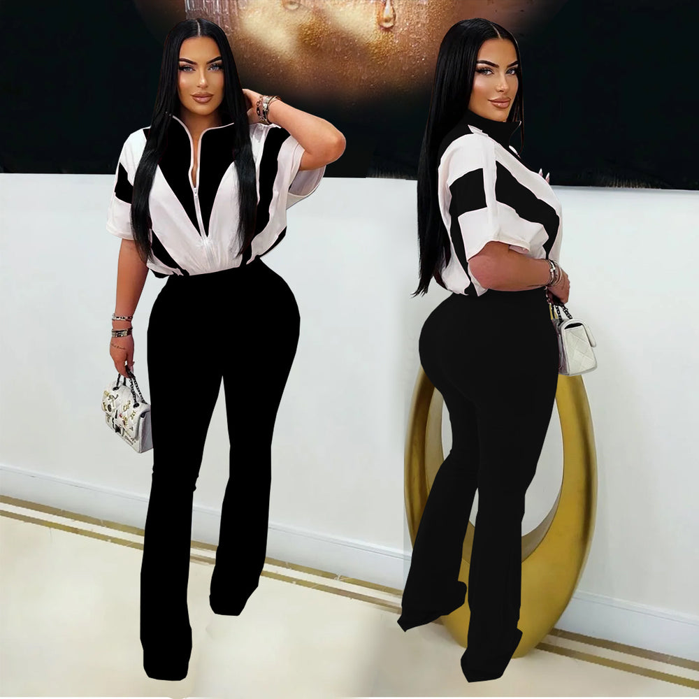 C7306 cross-border   fashion women's casual slim-fit activewear short sleeve top and pants set - new