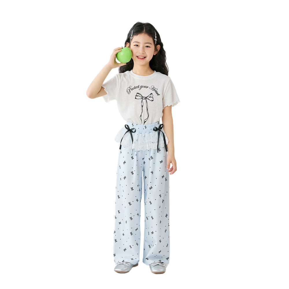 Girls' summer short-sleeve and pants set,  new style, kids' bowknot slim-fit two-piece set, comfortable children's clothing