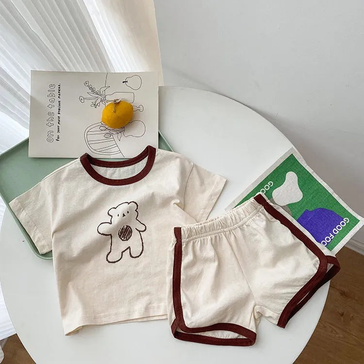 Korean style summer two-piece set for baby boys and girls - cute cartoon waving bear short-sleeve and shorts loungewear set