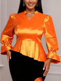 puff sleeve glossy tops silmslimming lookstereo flower hip skirt two-piece settwo-piece set