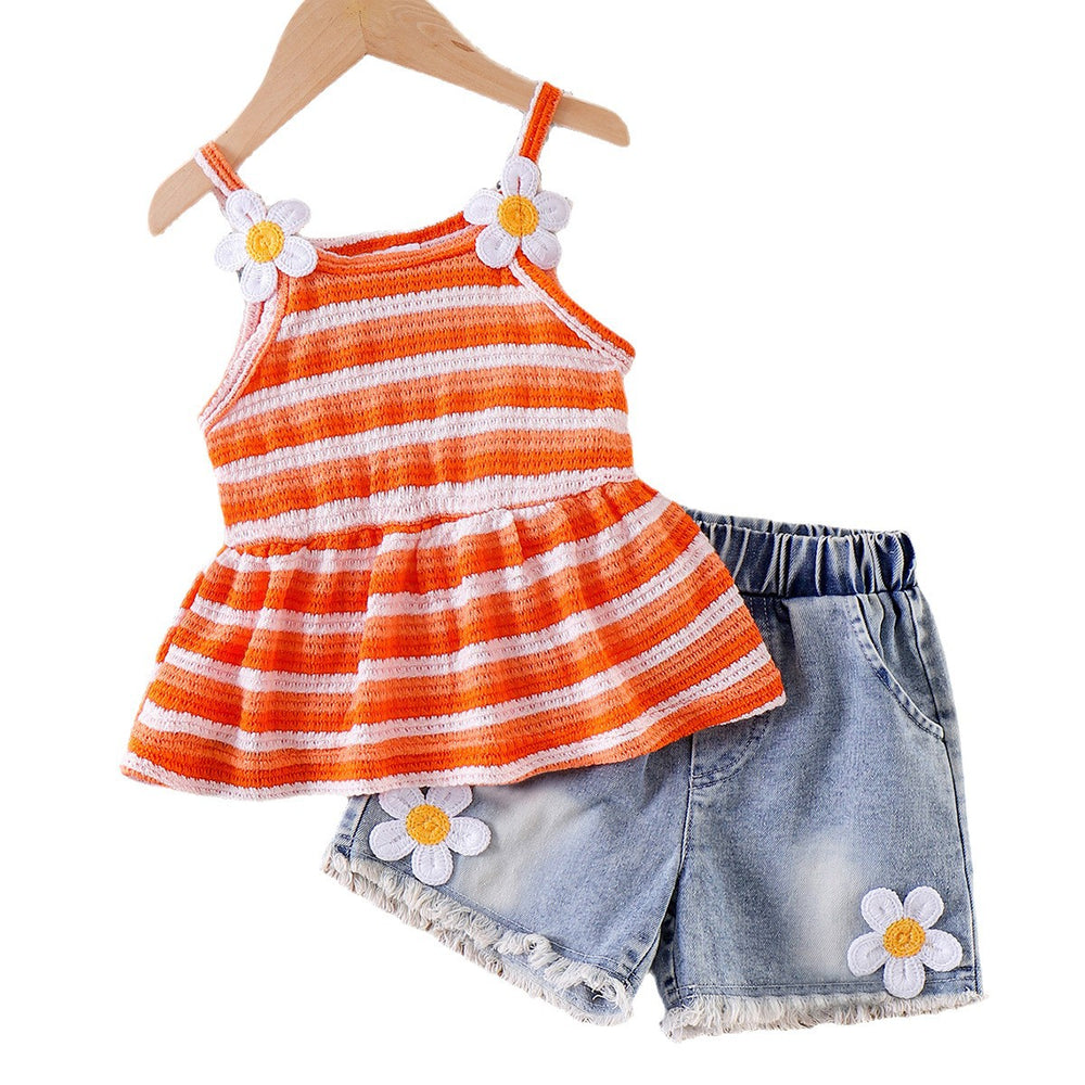 Children's clothing shein cross-border girl suit orange suspender tops + blue shorts