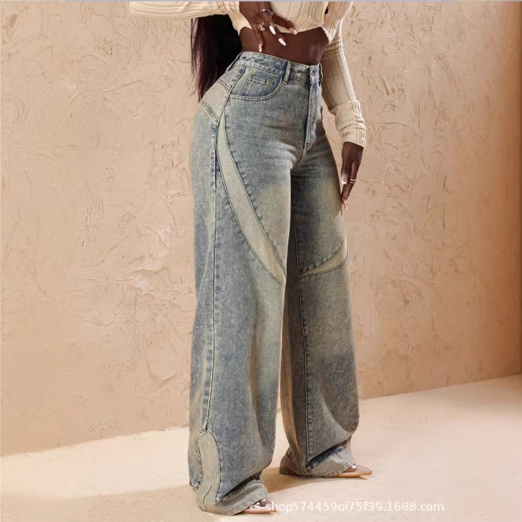 Amazon tiktok pinduoduo export fashion american retro distressed patchwork wide leg plus size jeans women's summer