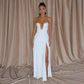 european and american women's clothing  spring/summer new collection: solid color, elegant bandeau, high slit, ruched, sexy bodycon dress