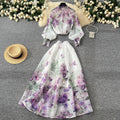 Fashion celebrity printingsuit women's vacation style stand collar lantern sleeve slimming lookshirthigh waist long skirt