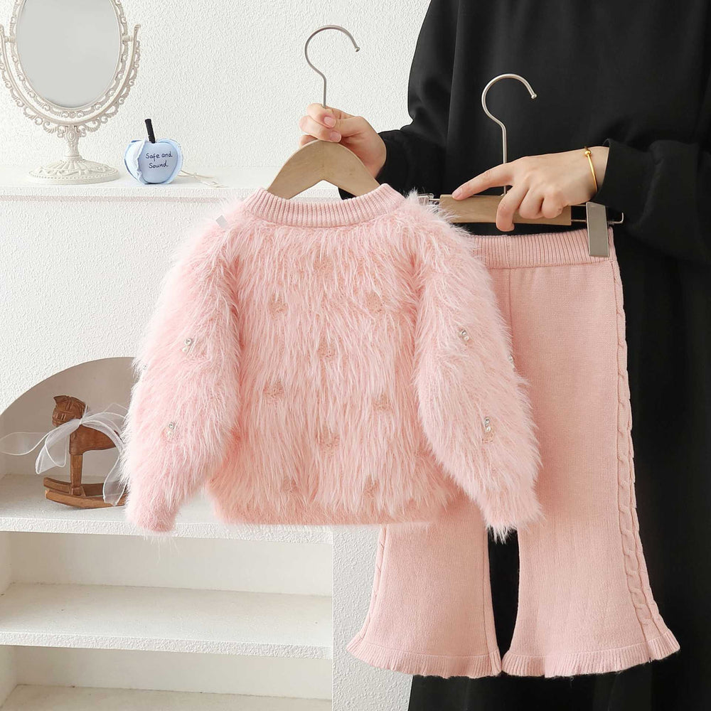 Girls' sweater set - new autumn/winter korean style baby girl solid color fuzzy beaded cardigan knit pants two-piece outfit