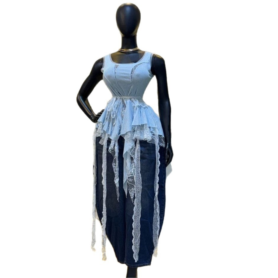 European and american cross-border women's fashion:  summer new arrival - stylish and elegant round neck lace patchwork sleeveless top