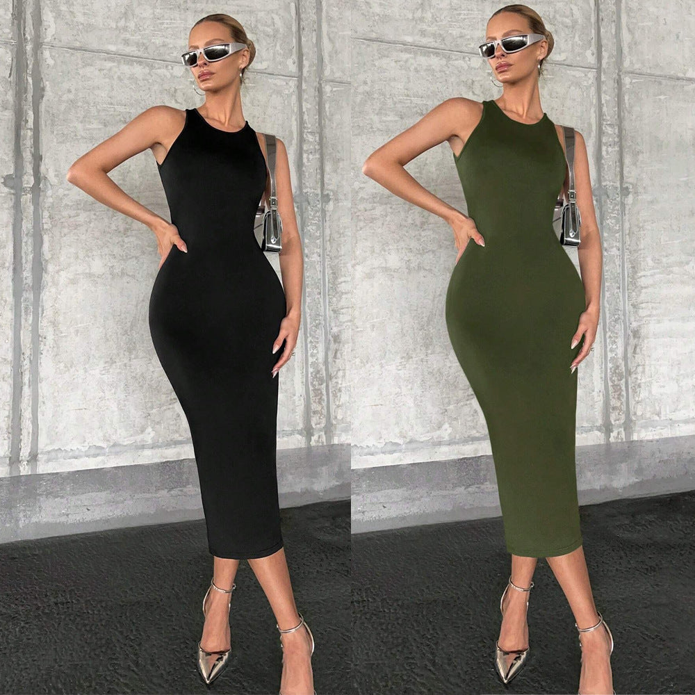 ready-to-ship european and american women's clothing,  spring/summer collection: solid color, slim-fit, sexy, cutout tank dress for export